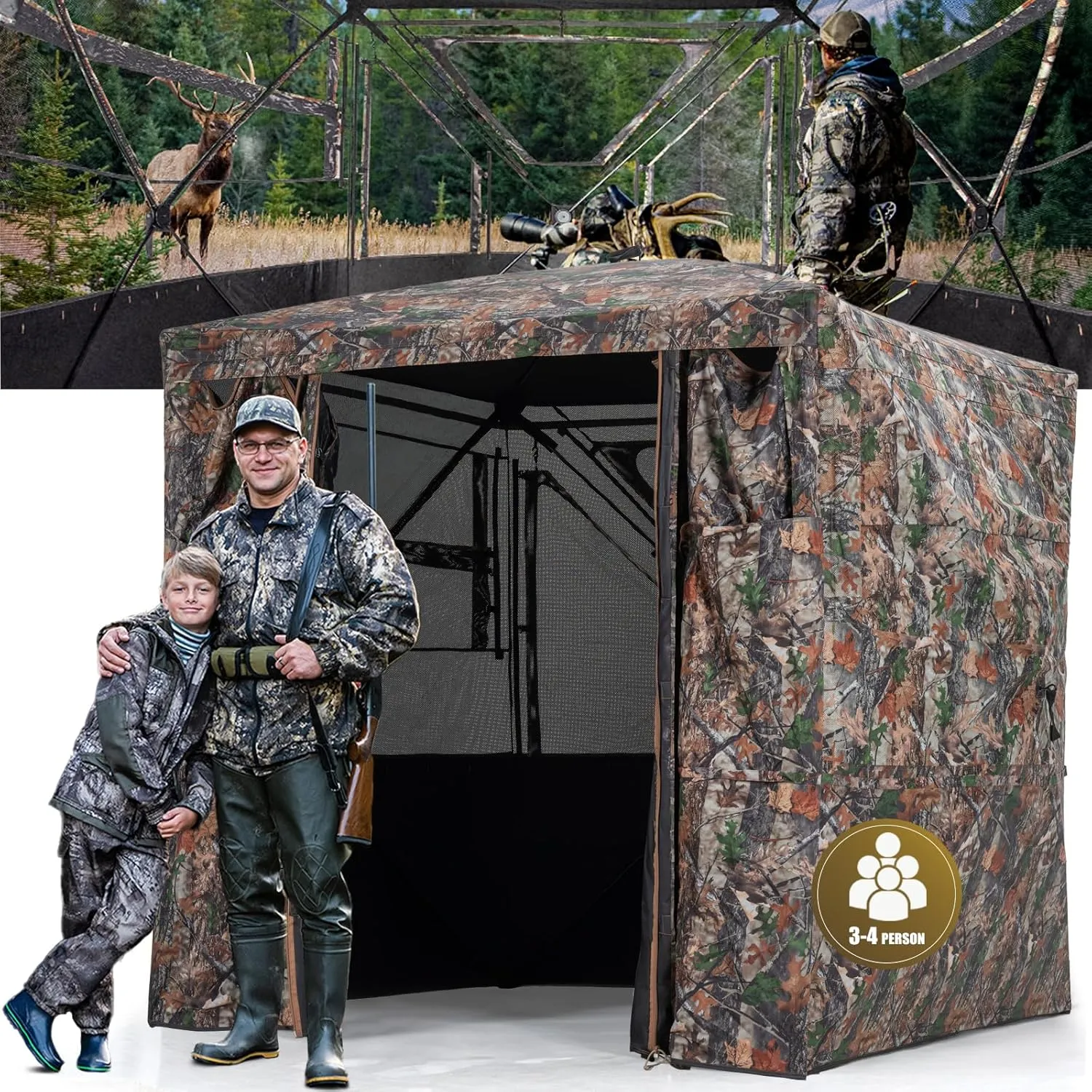 3-4 Person Hunting Blind - 270 Degree See Through Deer Blind with Magnetic Full Open Door - Pop Up Ground Blinds - Portable Resilient Hunting Tent for Deer & Turkey