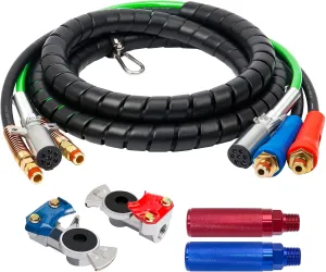 3 in 1 15 Ft Length Wrap Heavy Duty 7 Way Truck Tractor Trailer Rig Electric Cable Wrap Cord ABS & Air Line Hose Assembly with Aluminum Emergency Universal Glad Hands and Anodized Glad Handle