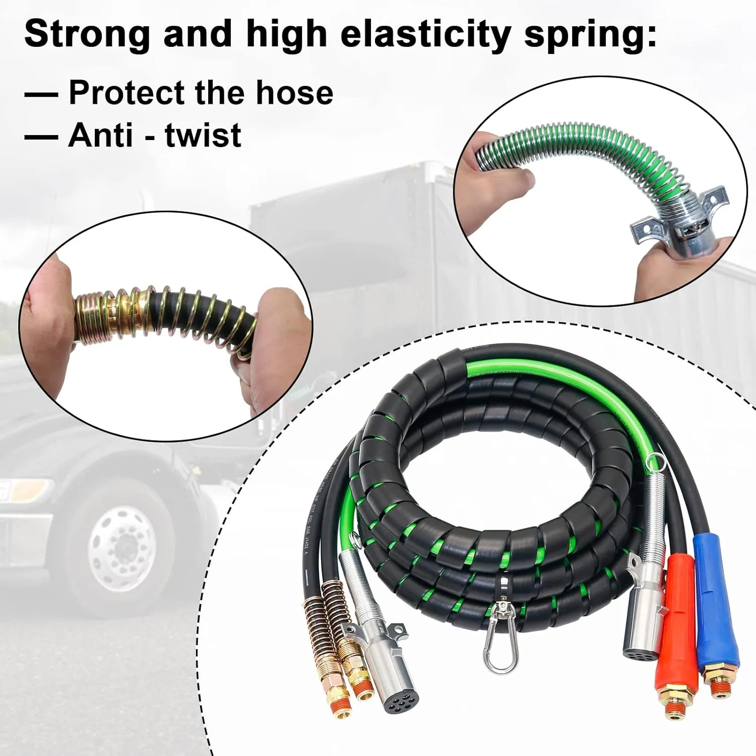 3 in 1 15 Ft Length Wrap Heavy Duty 7 Way Truck Tractor Trailer Rig Electric Cable Wrap Cord ABS & Air Line Hose Assembly with Aluminum Emergency Universal Glad Hands and Anodized Glad Handle