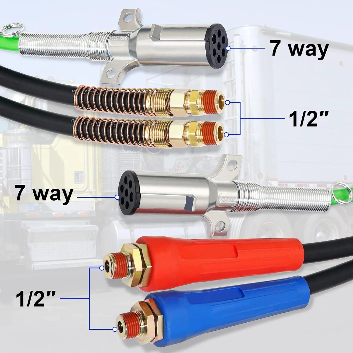 3 in 1 15 Ft Length Wrap Heavy Duty 7 Way Truck Tractor Trailer Rig Electric Cable Wrap Cord ABS & Air Line Hose Assembly with Aluminum Emergency Universal Glad Hands and Anodized Glad Handle