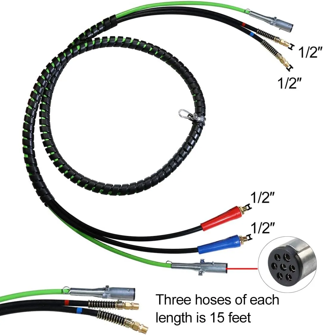 3 in 1 15 Ft Length Wrap Heavy Duty 7 Way Truck Tractor Trailer Rig Electric Cable Wrap Cord ABS & Air Line Hose Assembly with Aluminum Emergency Universal Glad Hands and Anodized Glad Handle