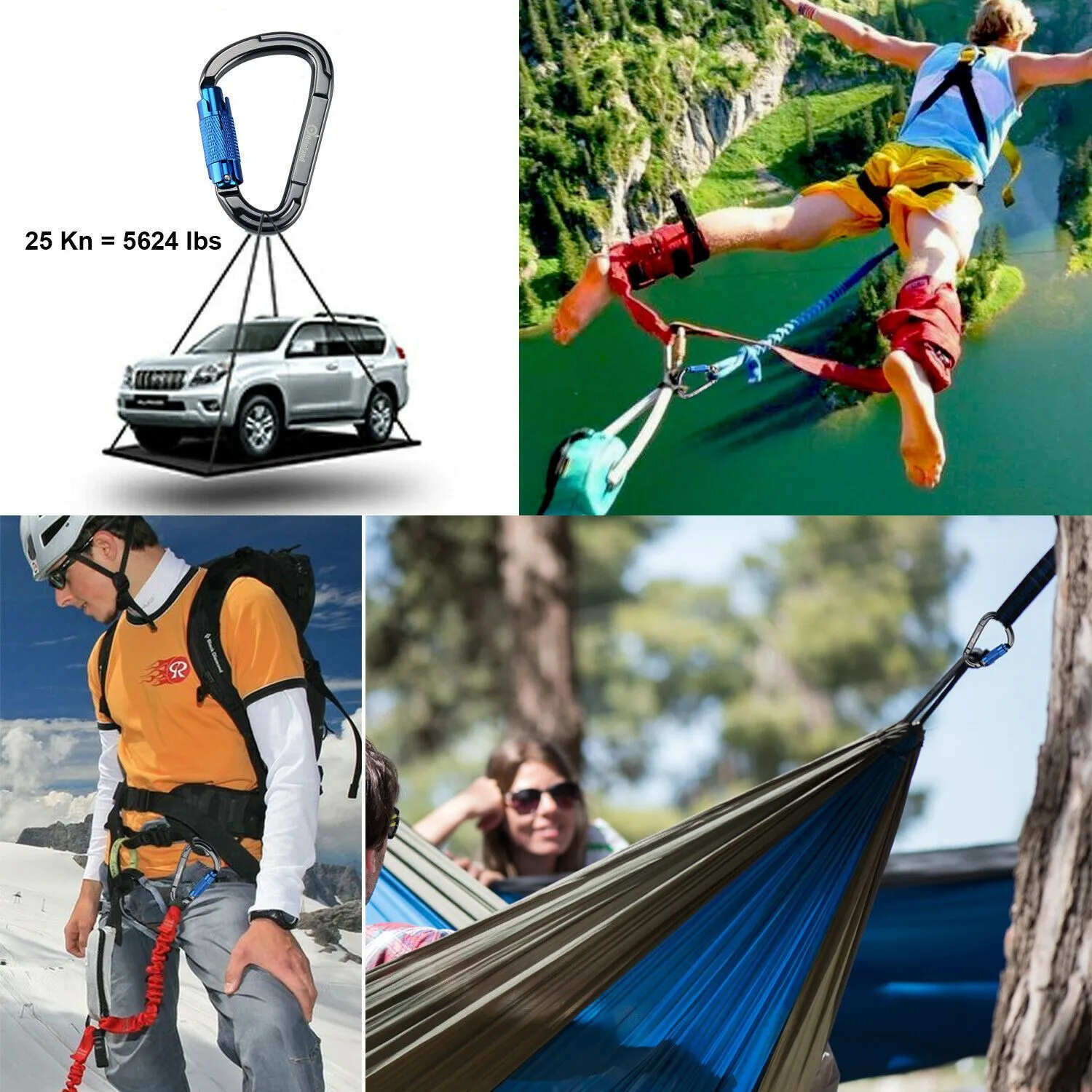 3-Pack: Auto Locking Rock Climbing Carabiner Clips Heavy Duty Caribeaners D-Shaped
