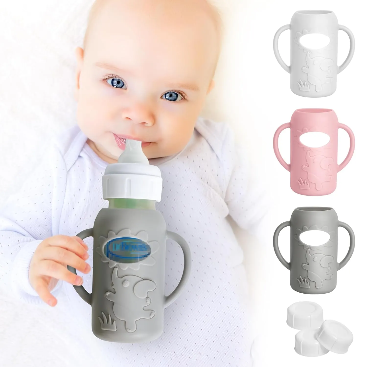 3 Pack Silicone Sleeves for Dr Brown Natural Glass Baby Bottles, Food Grade Anti Breakage Baby Bottle Holder with Handles and 3pcs Travel Bottle Caps (White Pink Grey, 4oz)