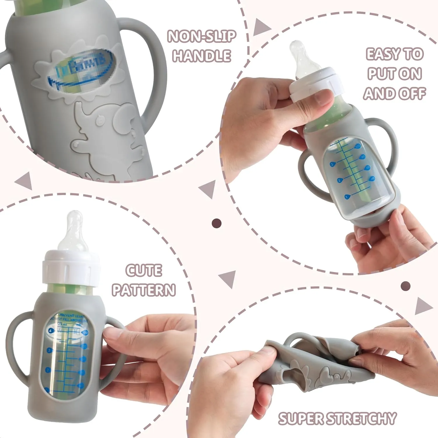 3 Pack Silicone Sleeves for Dr Brown Natural Glass Baby Bottles, Food Grade Anti Breakage Baby Bottle Holder with Handles and 3pcs Travel Bottle Caps (White Pink Grey, 4oz)