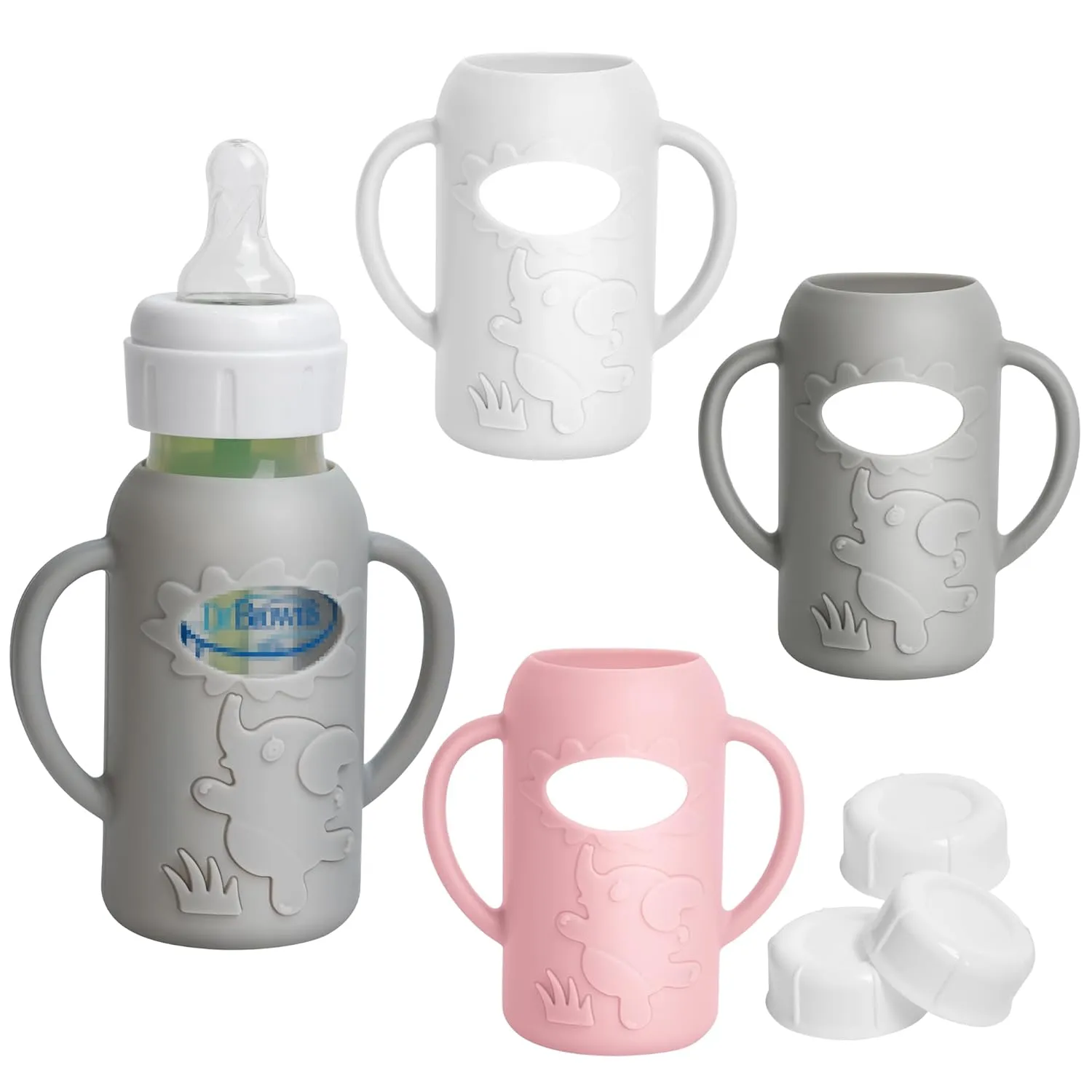 3 Pack Silicone Sleeves for Dr Brown Natural Glass Baby Bottles, Food Grade Anti Breakage Baby Bottle Holder with Handles and 3pcs Travel Bottle Caps (White Pink Grey, 4oz)