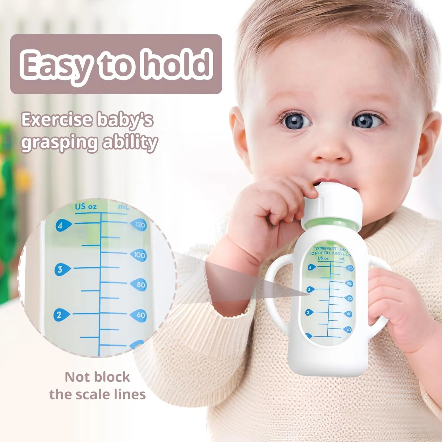 3 Pack Silicone Sleeves for Dr Brown Natural Glass Baby Bottles, Food Grade Anti Breakage Baby Bottle Holder with Handles and 3pcs Travel Bottle Caps (White Pink Grey, 4oz)