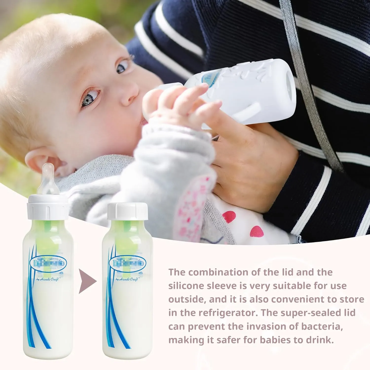 3 Pack Silicone Sleeves for Dr Brown Natural Glass Baby Bottles, Food Grade Anti Breakage Baby Bottle Holder with Handles and 3pcs Travel Bottle Caps (White Pink Grey, 4oz)