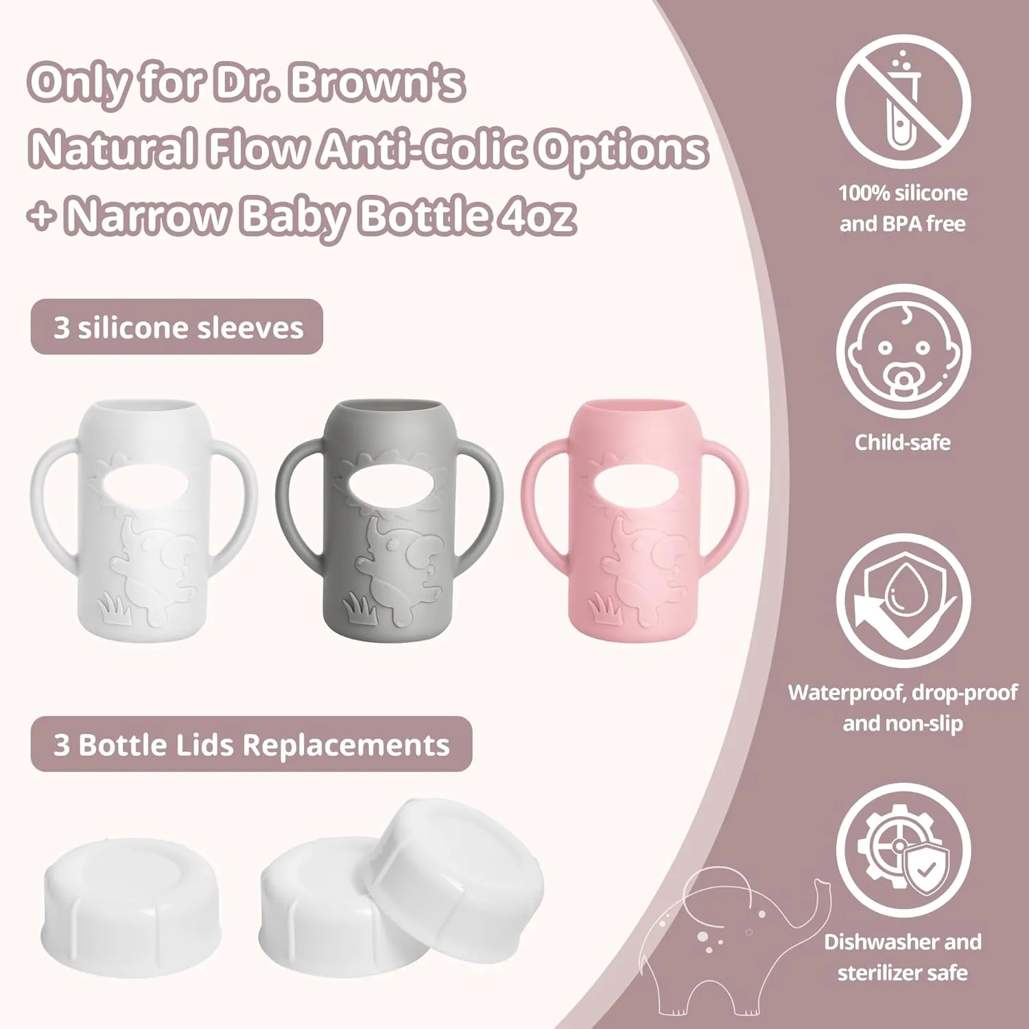 3 Pack Silicone Sleeves for Dr Brown Natural Glass Baby Bottles, Food Grade Anti Breakage Baby Bottle Holder with Handles and 3pcs Travel Bottle Caps (White Pink Grey, 4oz)