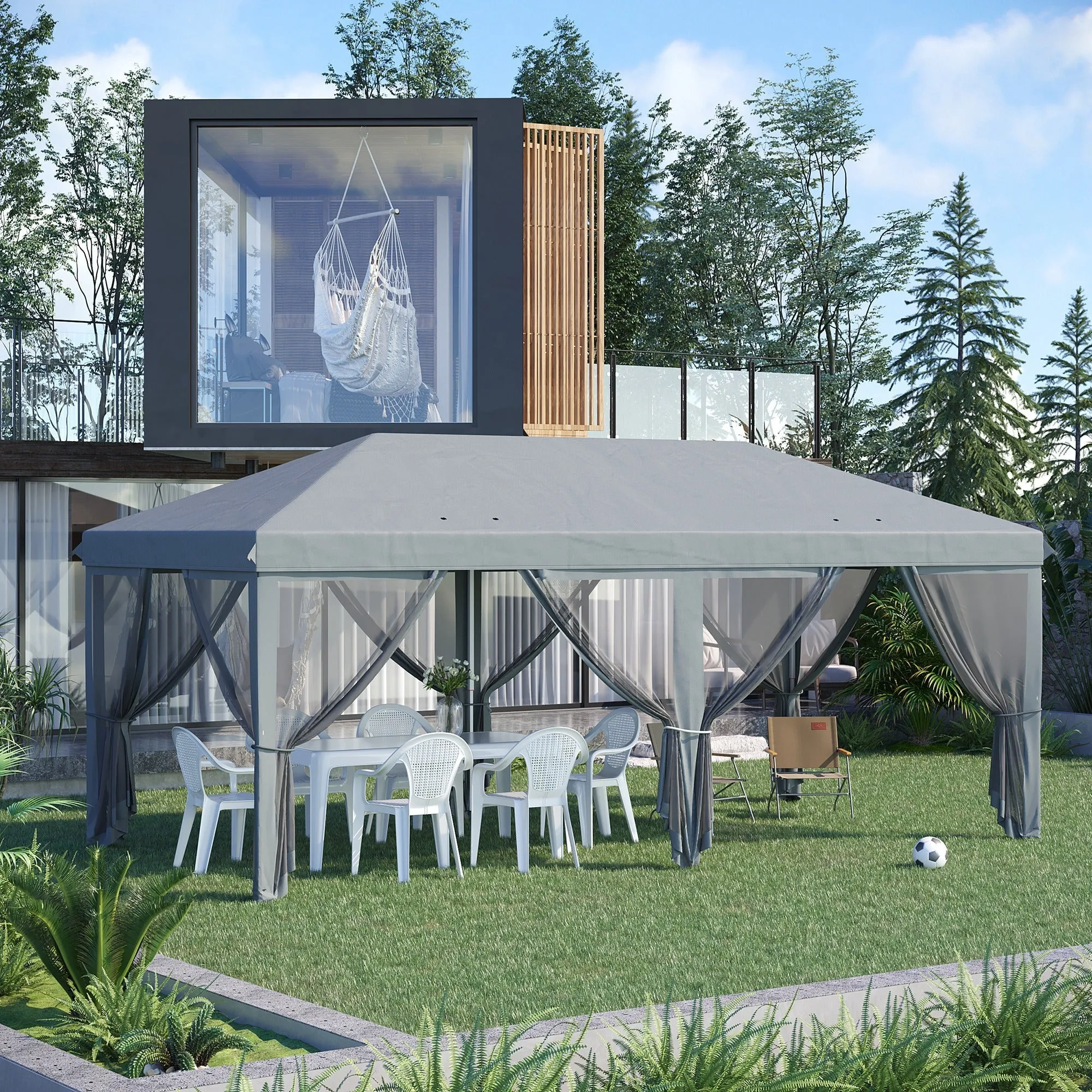 3 x 6m Pop Up Gazebo, Outdoor Canopy Shelter, Marquee Party Wedding Tent with 6 Mesh Walls and Carry Bag, Grey