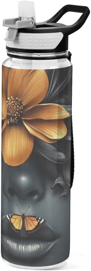 30 oz Black beauty Golden flowers Sport Water Bottle Tritan Free BPA non toxic Jugs for Drinking for Outdoor Sports Collapsible
