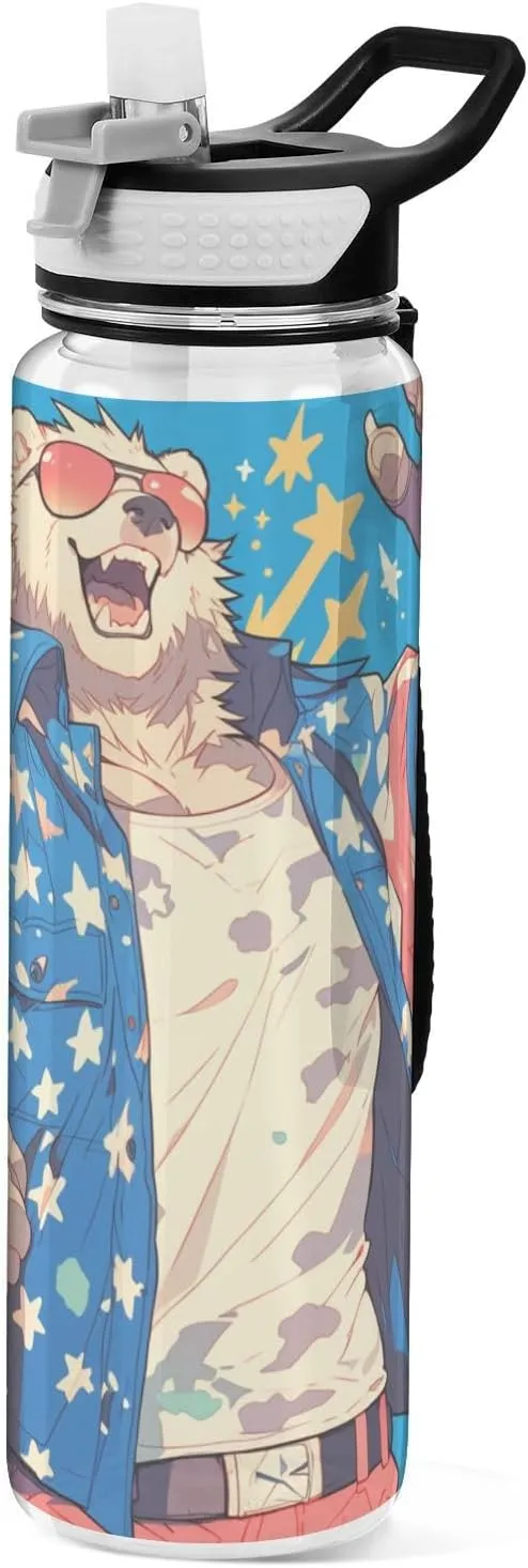 30 oz cartoon cool Spectacled Bear Patriotic color Water Bottle Straw Lid Tritan No BPA non toxic Water Jug for Fitness Camping Collapsible