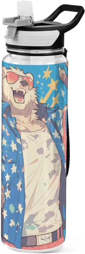 30 oz cartoon cool Spectacled Bear Patriotic color Water Bottle Straw Lid Tritan No BPA non toxic Water Jug for Fitness Camping Collapsible