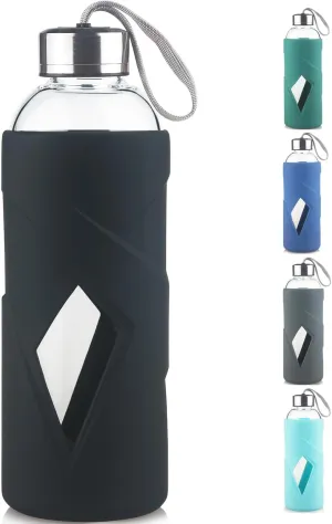 32 OZ Borosilicate Glass Water Bottle BPA Free Reusable Glass Drinking Bottle with Silicone Sleeve and Stainless Steel Lid