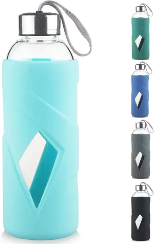 32 OZ Borosilicate Glass Water Bottle BPA Free Reusable Glass Drinking Bottle with Silicone Sleeve and Stainless Steel Lid