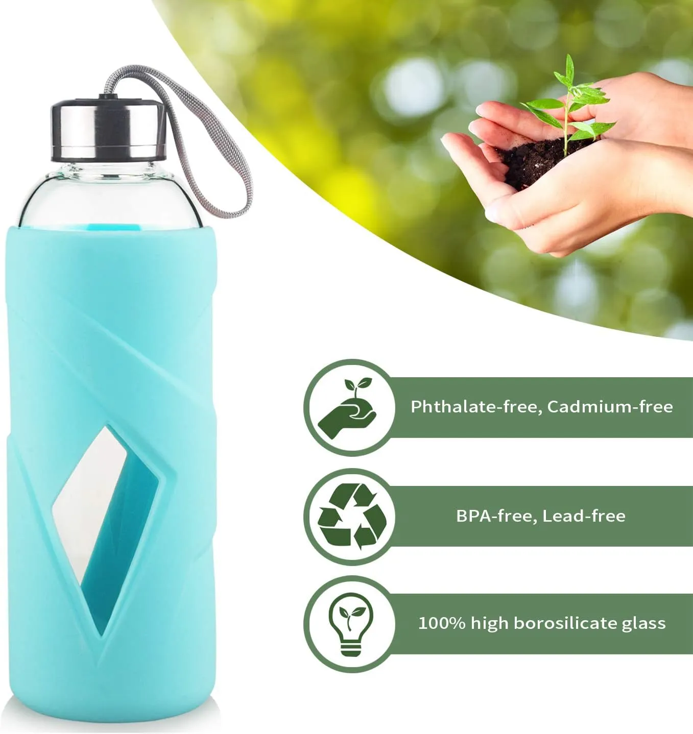 32 OZ Borosilicate Glass Water Bottle BPA Free Reusable Glass Drinking Bottle with Silicone Sleeve and Stainless Steel Lid