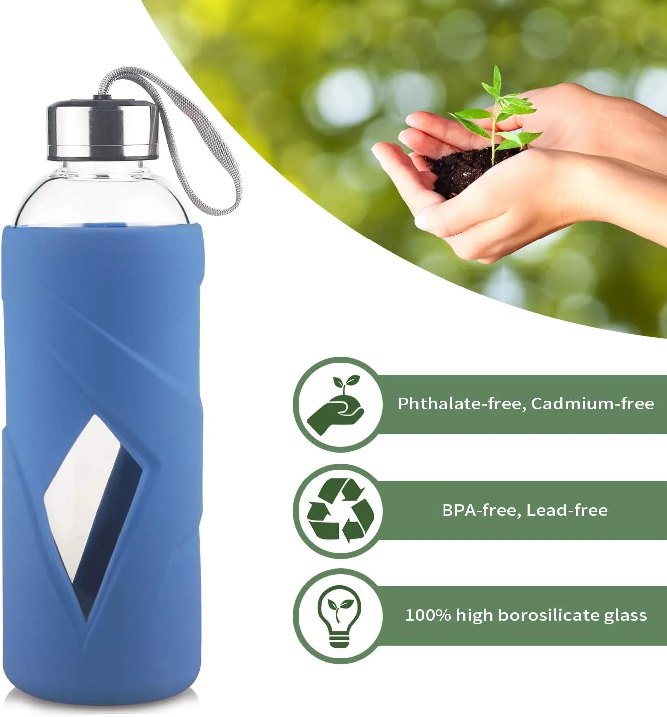 32 OZ Borosilicate Glass Water Bottle BPA Free Reusable Glass Drinking Bottle with Silicone Sleeve and Stainless Steel Lid