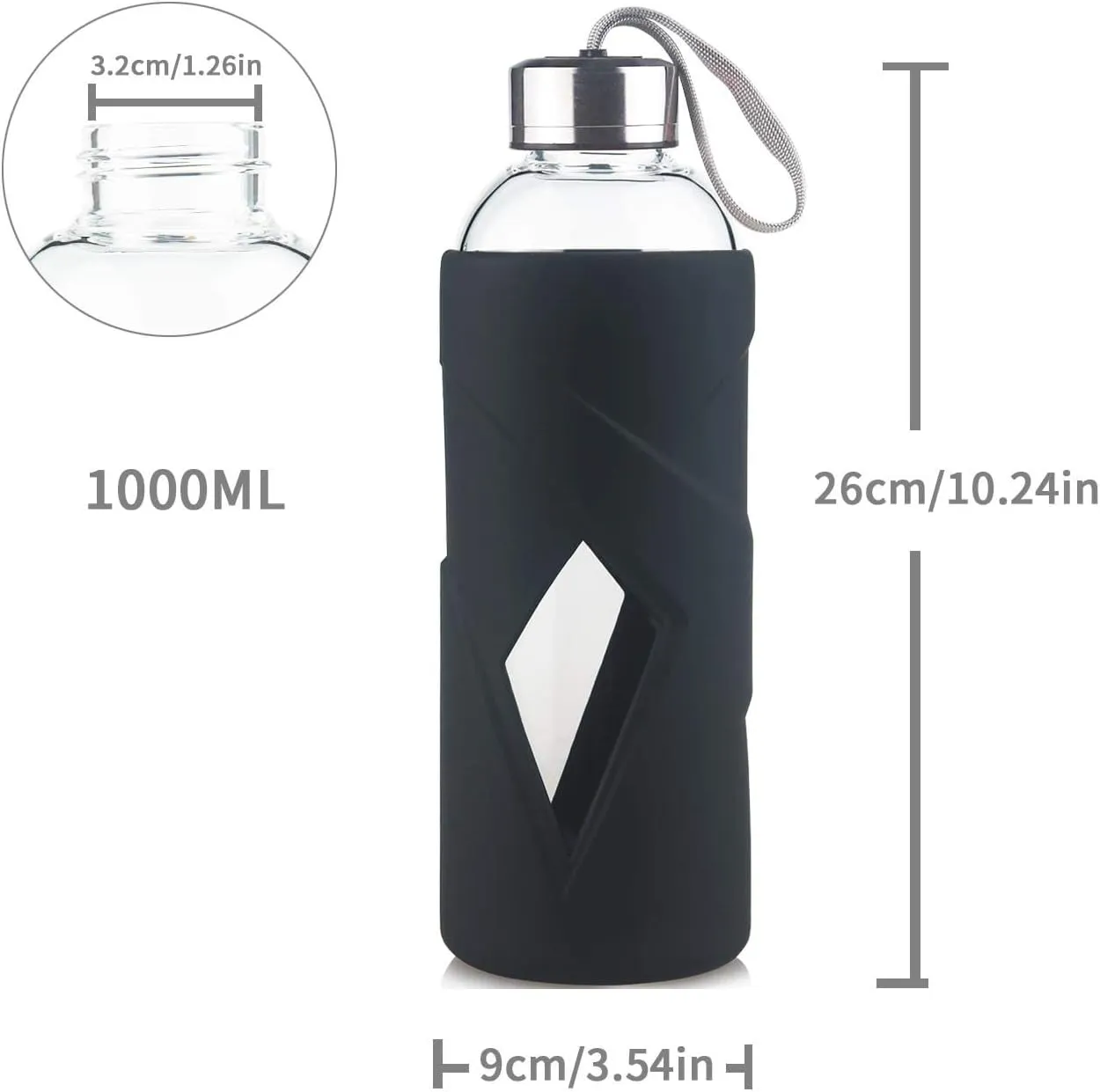 32 OZ Borosilicate Glass Water Bottle BPA Free Reusable Glass Drinking Bottle with Silicone Sleeve and Stainless Steel Lid