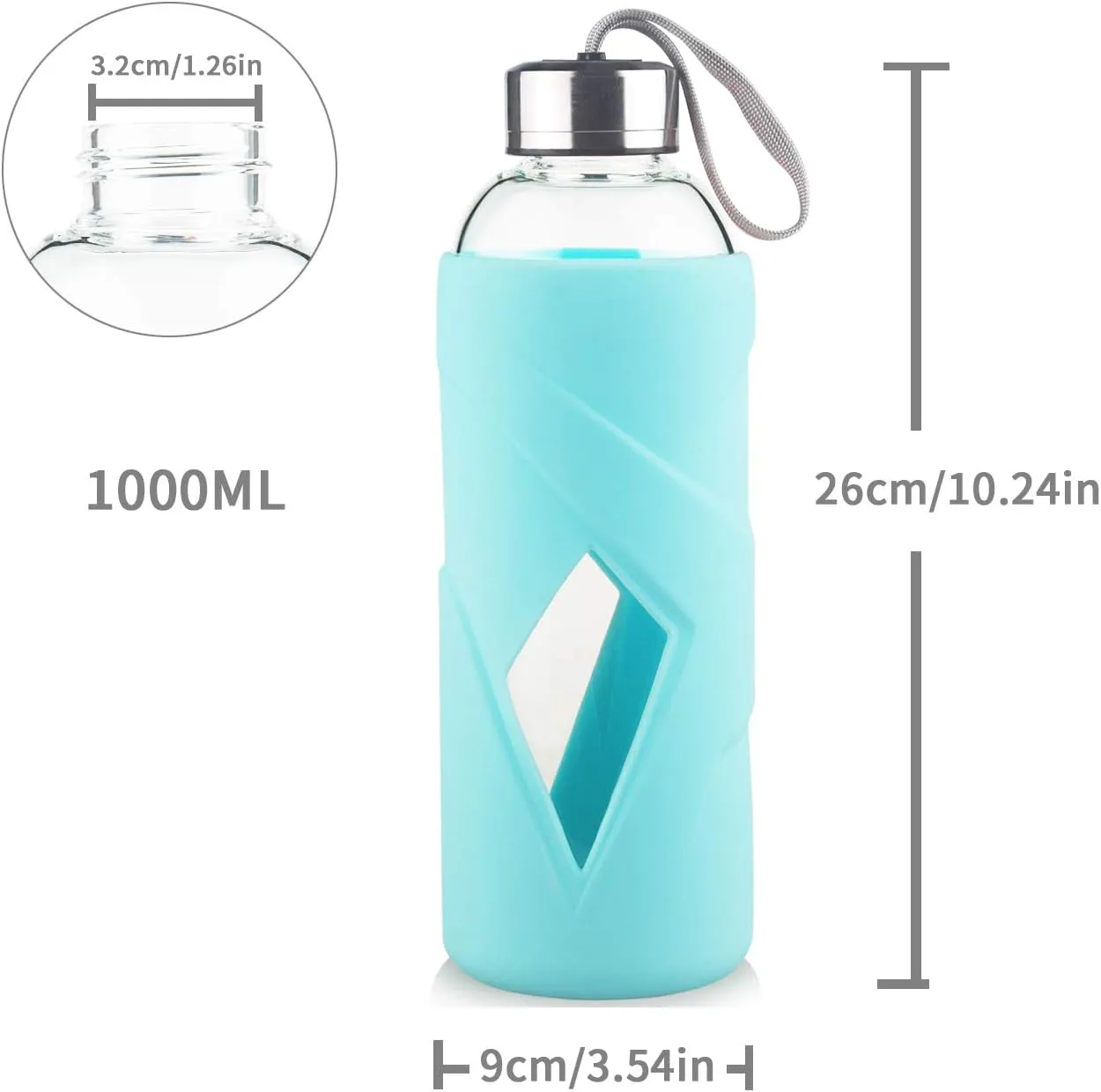 32 OZ Borosilicate Glass Water Bottle BPA Free Reusable Glass Drinking Bottle with Silicone Sleeve and Stainless Steel Lid