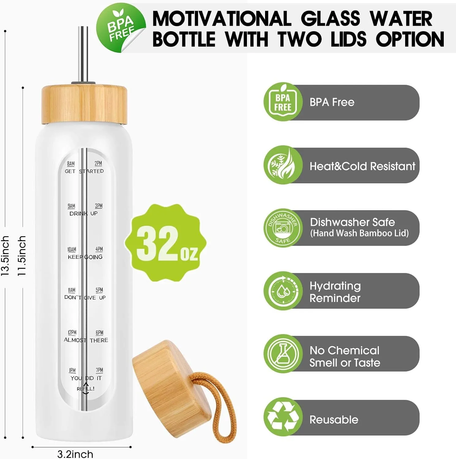 32 oz Glass Water Bottle with Straw - Motivational Time Marker & Silicone Sleeve - Reusable Tumbler Includes 2 Bamboo Lids & Fruit Infuser - 1 Pack