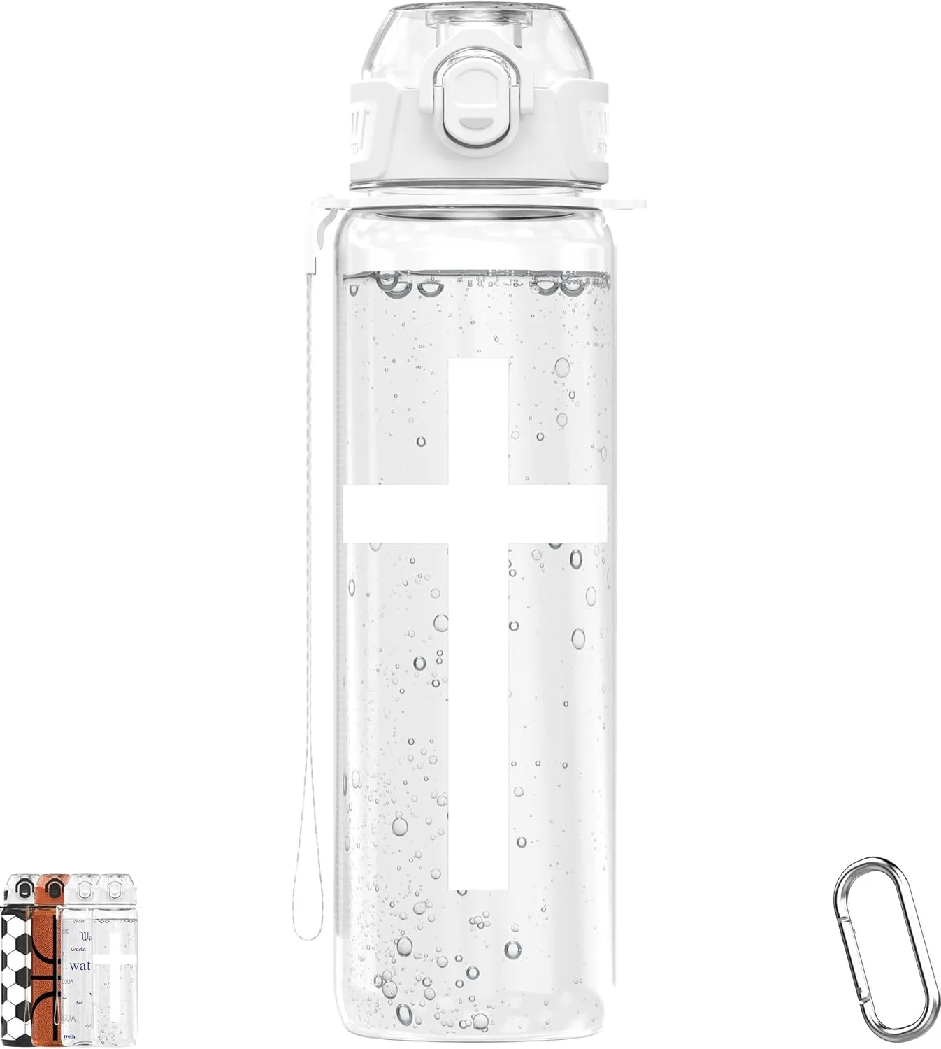 32oz/1L Water Bottle, Durable Tritan, Leak-Proof, Dishwasher-Safe, BPA-Free, Drop-Resistant, Chug Lid/Straw, Hand Loop, Carabiner for Hiking/Backpack/Sport (Cross, Transparent)