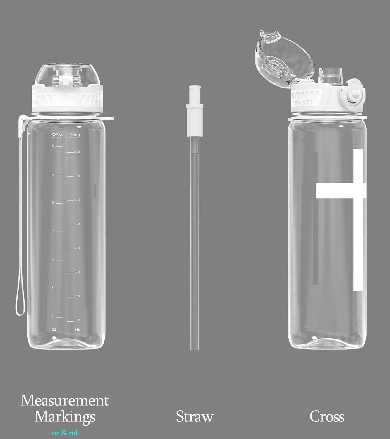 32oz/1L Water Bottle, Durable Tritan, Leak-Proof, Dishwasher-Safe, BPA-Free, Drop-Resistant, Chug Lid/Straw, Hand Loop, Carabiner for Hiking/Backpack/Sport (Cross, Transparent)