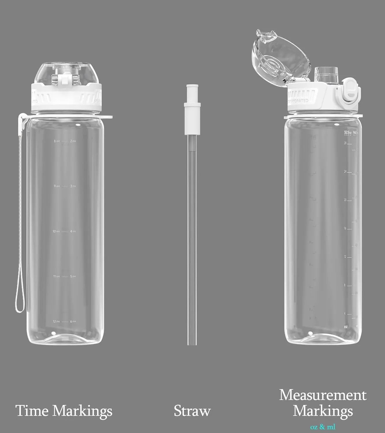 32oz/1L Water Bottle, Durable Tritan, Leak-Proof, Dishwasher-Safe, BPA-Free, Drop-Resistant, Chug Lid/Straw, Hand Loop, Carabiner for Hiking/Backpack/Sport (Minimalism. Transparent)