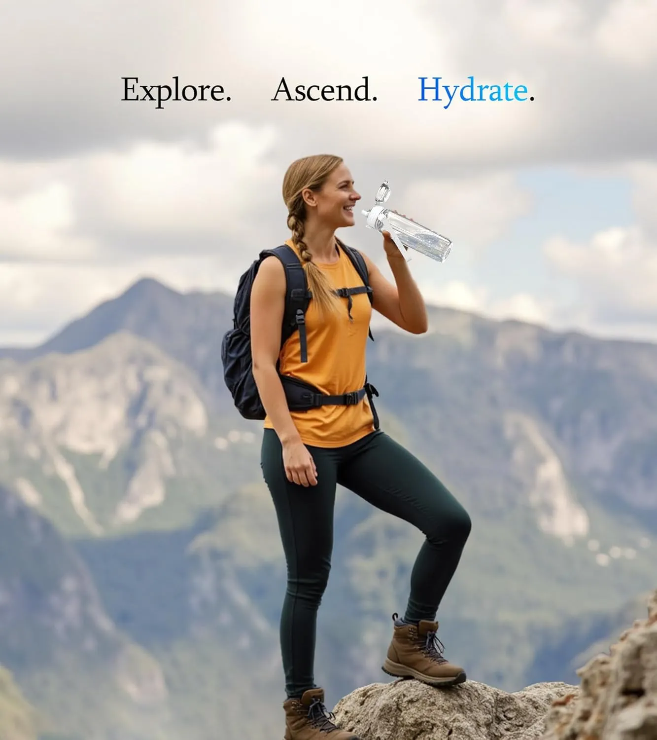 32oz/1L Water Bottle, Durable Tritan, Leak-Proof, Dishwasher-Safe, BPA-Free, Drop-Resistant, Chug Lid/Straw, Hand Loop, Carabiner for Hiking/Backpack/Sport (Minimalism. Transparent)