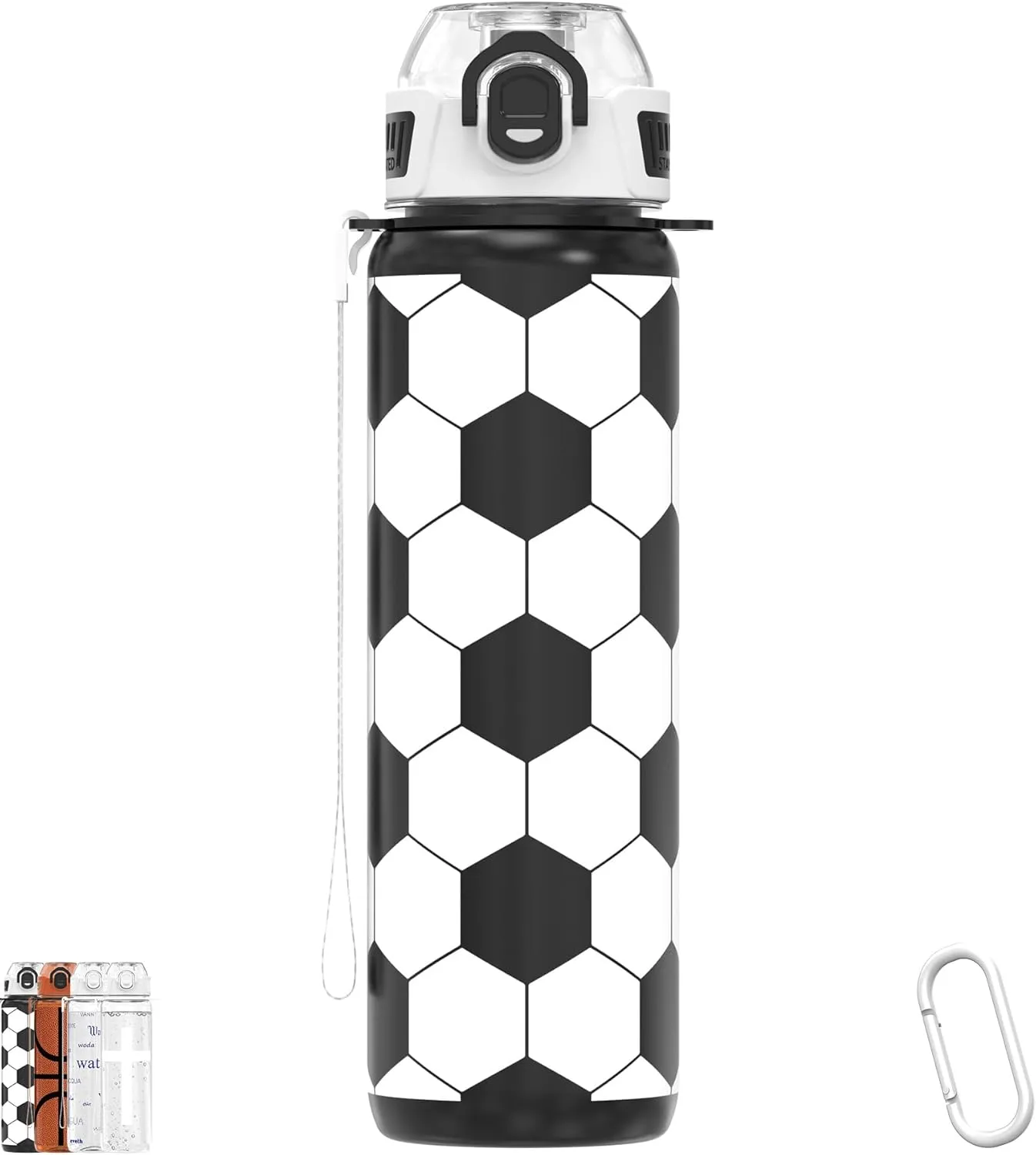 32oz/1L Water Bottle, Durable Tritan, Leak-Proof, Dishwasher-Safe, BPA-Free, Drop-Resistant, Chug Lid/Straw, Hand Loop, Carabiner for Hiking/Backpack/Sport (Soccer/Football)