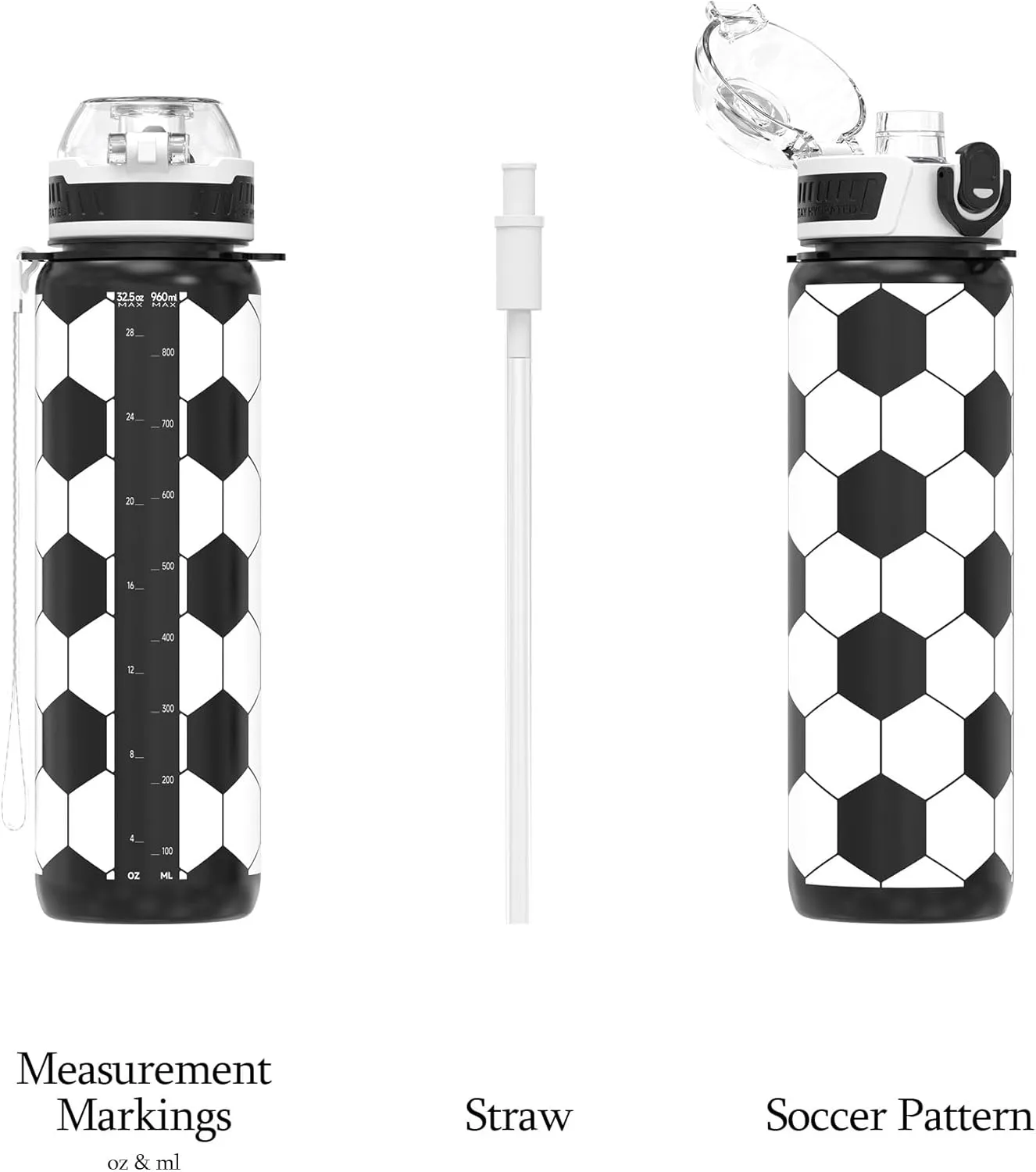32oz/1L Water Bottle, Durable Tritan, Leak-Proof, Dishwasher-Safe, BPA-Free, Drop-Resistant, Chug Lid/Straw, Hand Loop, Carabiner for Hiking/Backpack/Sport (Soccer/Football)