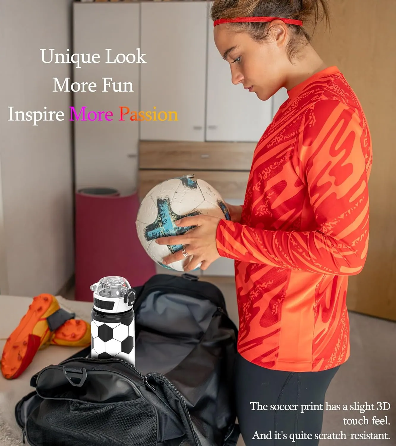 32oz/1L Water Bottle, Durable Tritan, Leak-Proof, Dishwasher-Safe, BPA-Free, Drop-Resistant, Chug Lid/Straw, Hand Loop, Carabiner for Hiking/Backpack/Sport (Soccer/Football)