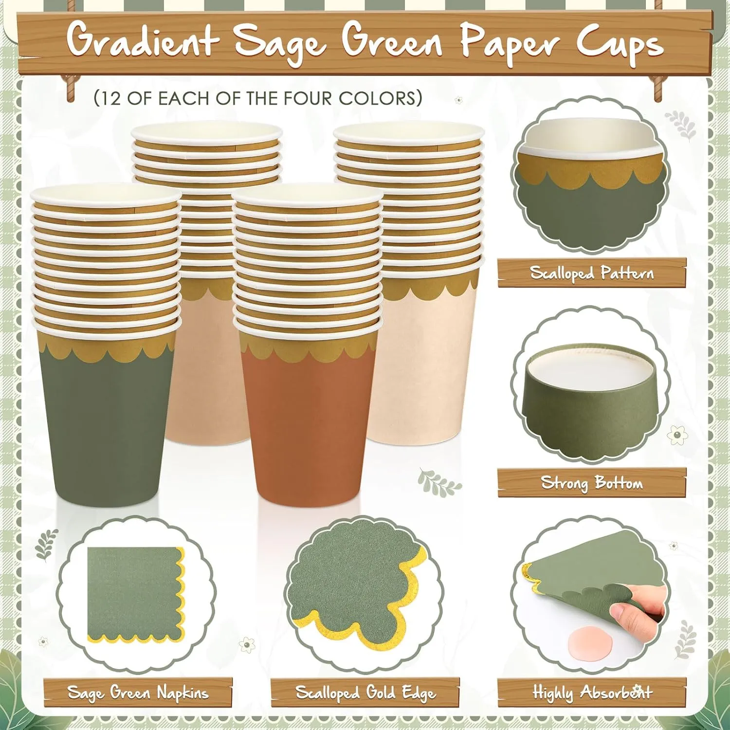 338 Pcs Sage Green and Brown Plates and Napkins Party Supplies for Guests Woodland Baby Shower Tableware Include Forest Scalloped Plates Paper Napkin Cup Spoon Fork Knife for Wedding Birthday