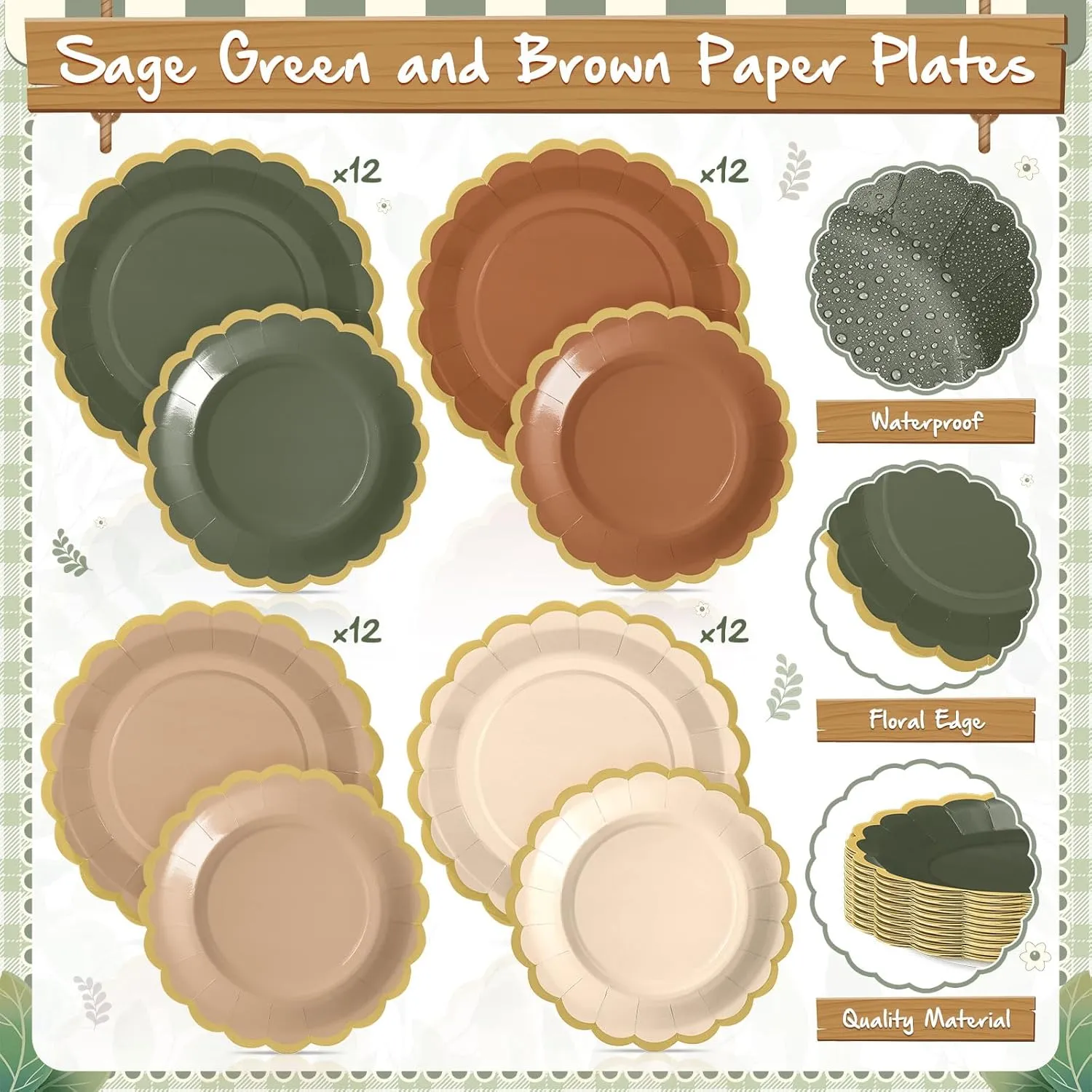 338 Pcs Sage Green and Brown Plates and Napkins Party Supplies for Guests Woodland Baby Shower Tableware Include Forest Scalloped Plates Paper Napkin Cup Spoon Fork Knife for Wedding Birthday