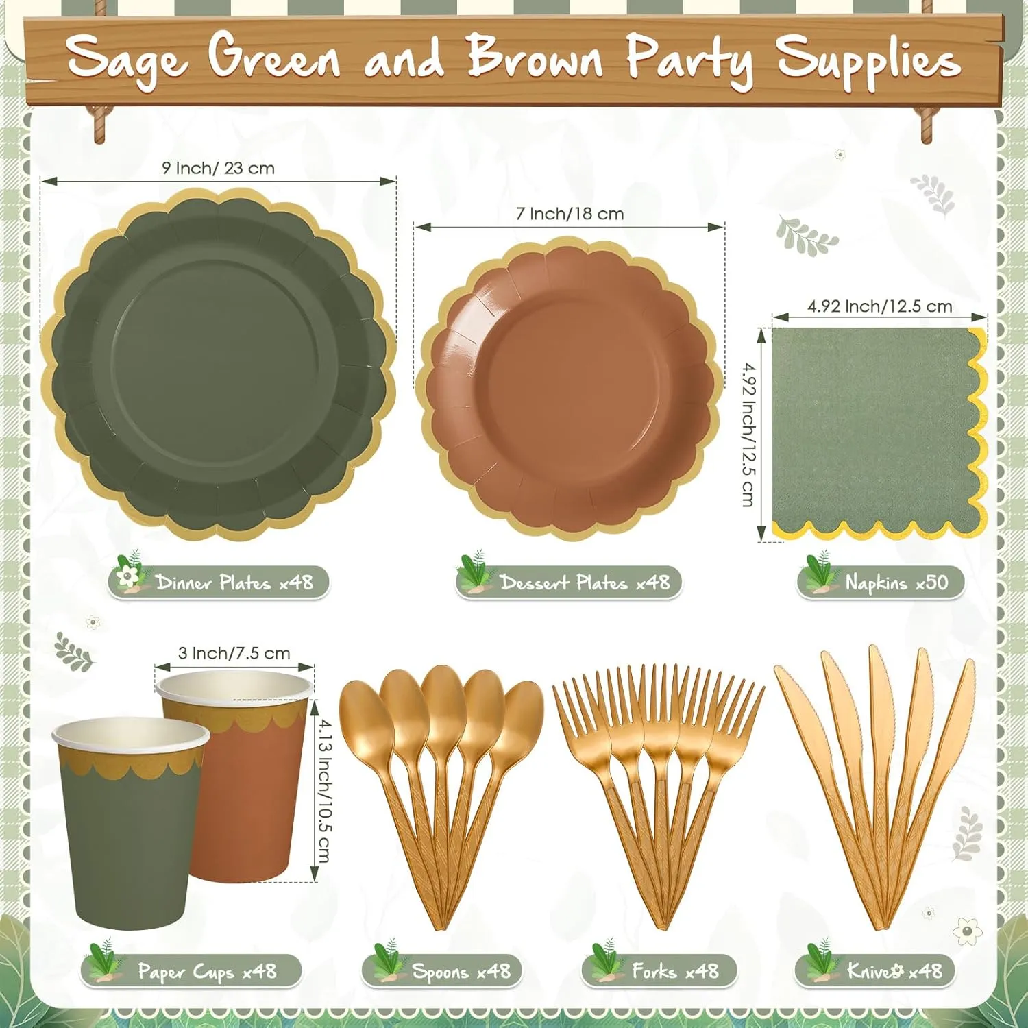 338 Pcs Sage Green and Brown Plates and Napkins Party Supplies for Guests Woodland Baby Shower Tableware Include Forest Scalloped Plates Paper Napkin Cup Spoon Fork Knife for Wedding Birthday