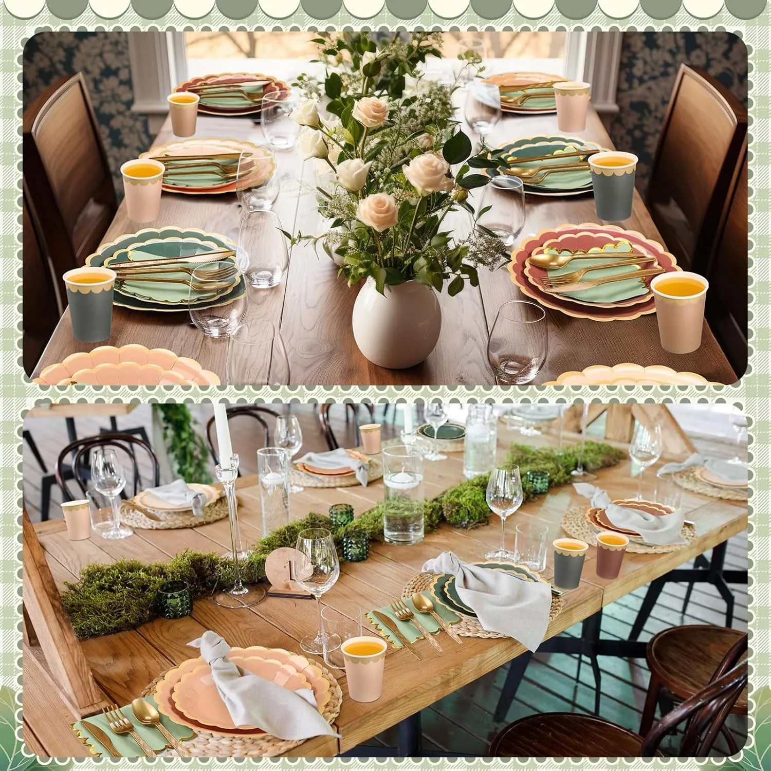 338 Pcs Sage Green and Brown Plates and Napkins Party Supplies for Guests Woodland Baby Shower Tableware Include Forest Scalloped Plates Paper Napkin Cup Spoon Fork Knife for Wedding Birthday