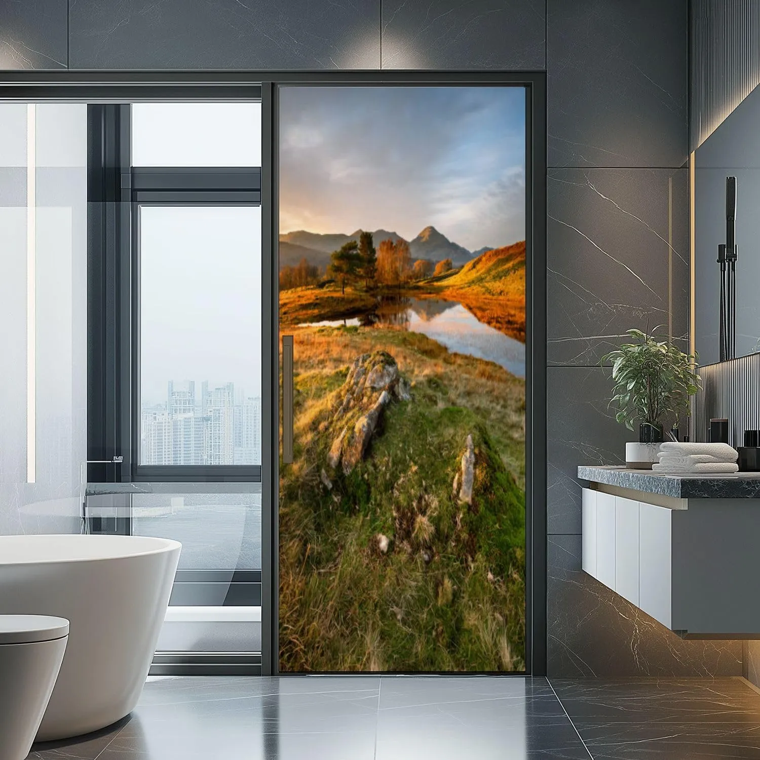 3D Door Sticker Beautiful Autumn Colours Evening Sunlight Kelly Hall Tarn Lake Door Mural Peel and Stick Self-Adhesive Decal Removable Wallpaper Poster Home Decor for Bedroom 30.3"x78.7"