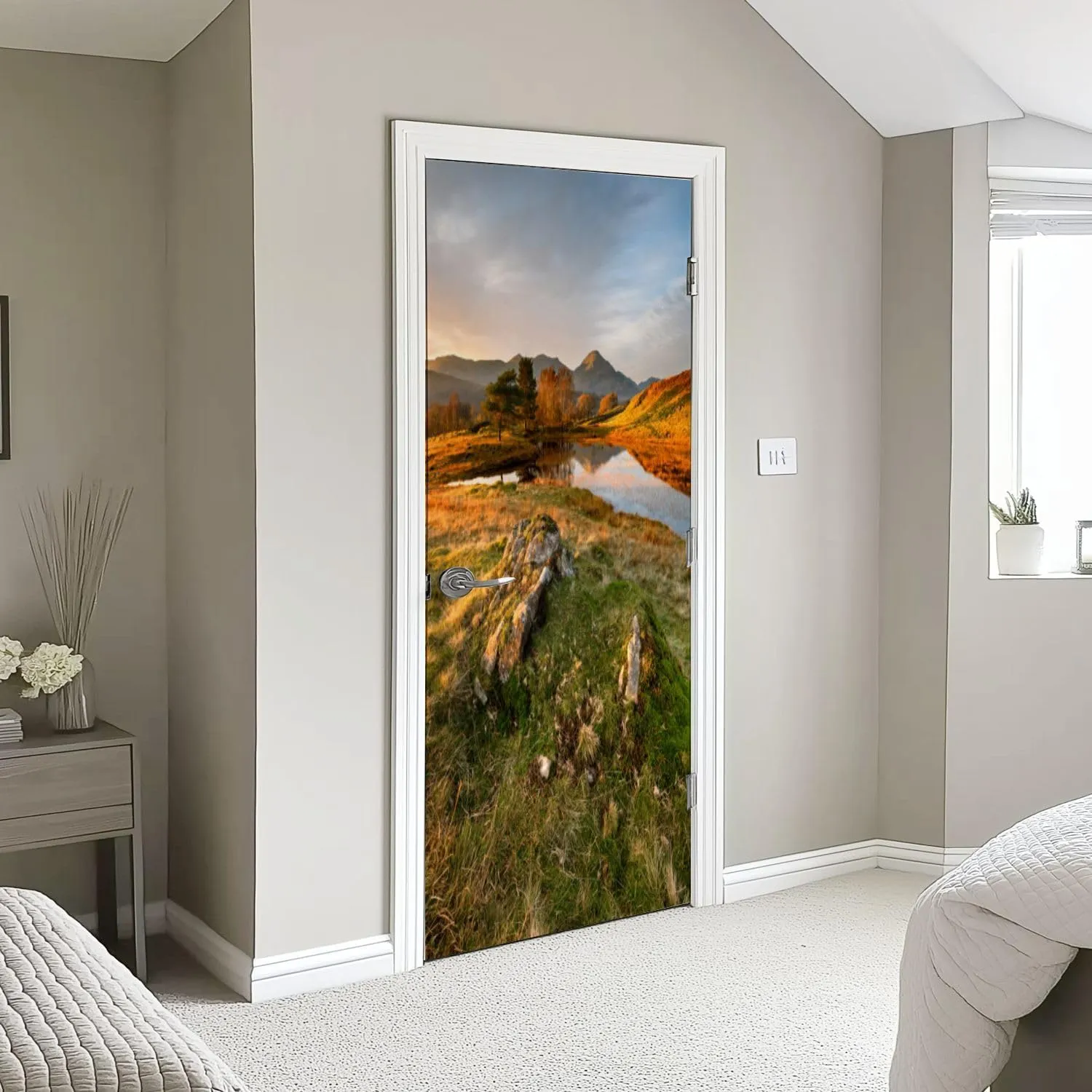 3D Door Sticker Beautiful Autumn Colours Evening Sunlight Kelly Hall Tarn Lake Door Mural Peel and Stick Self-Adhesive Decal Removable Wallpaper Poster Home Decor for Bedroom 30.3"x78.7"