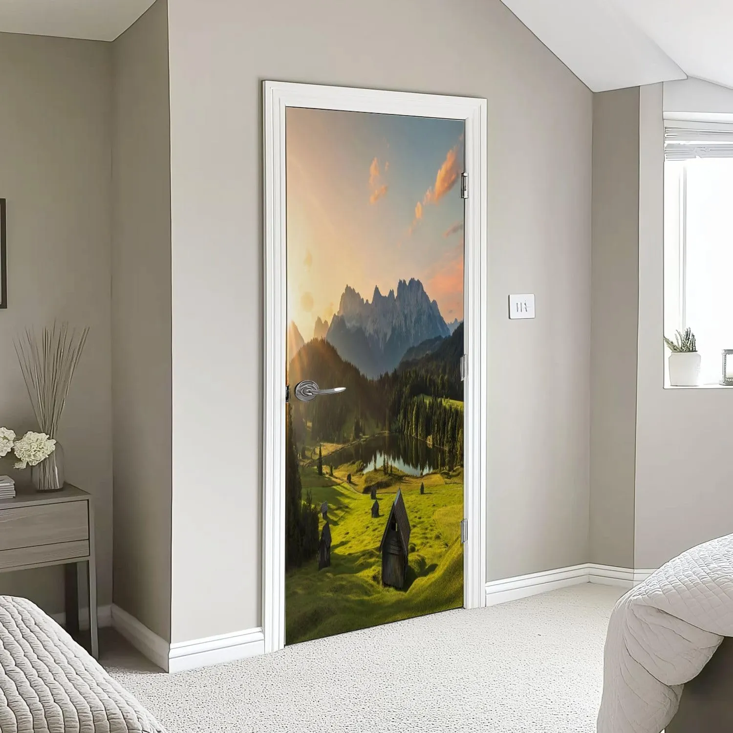 3D Door Sticker Magic Sunrise Alpine Lake Geroldsee View to Mount Karwendel Garmisch Door Mural Peel and Stick Self-Adhesive Decal Removable Wallpaper Poster Home Decor for Bedroom 30.3"x78.7"