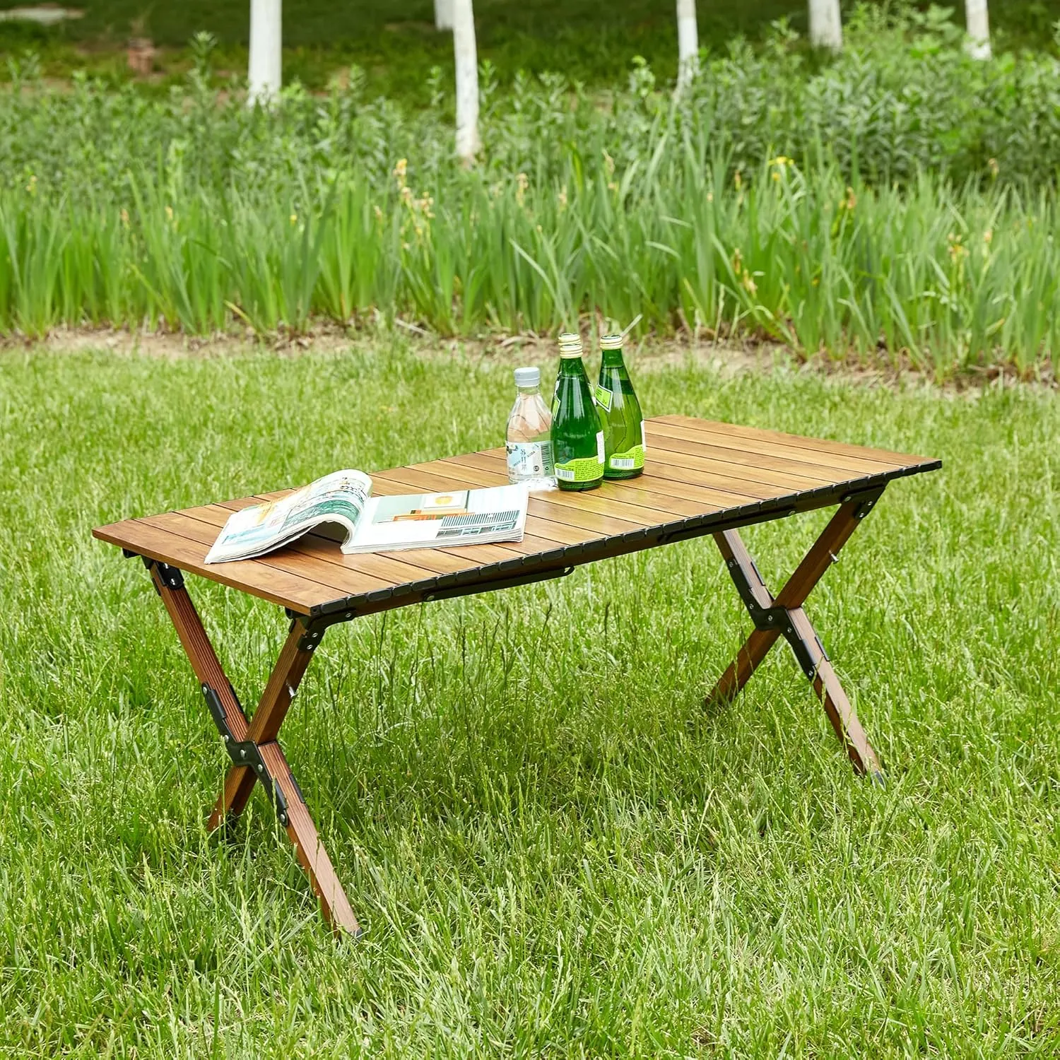 3FT Folding Camping Table, Small Lightweight Picnic Table with Roll Up Table Top, Aluminum Foldable Outdoor Table with Carry Bag, Rectangle Portable Table for Beach, Party, Patio, Outside (Brown)