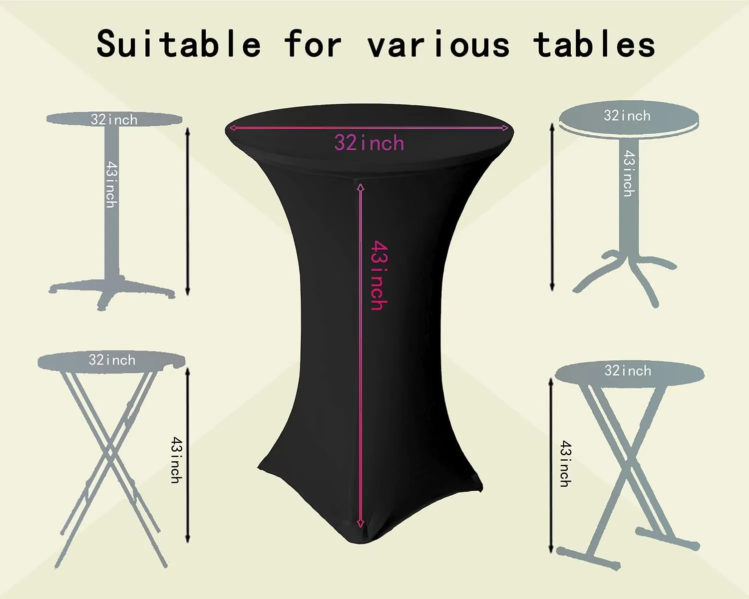 4 Pack 32x43 Inch Black Spandex Cocktail Table Covers, Highboy Top Tablecloth, Round Fitted Tablecloth for Folding Table, Stretch Cocktail Table Tablecloth for Party Wedding(32x43, 4PC Black)