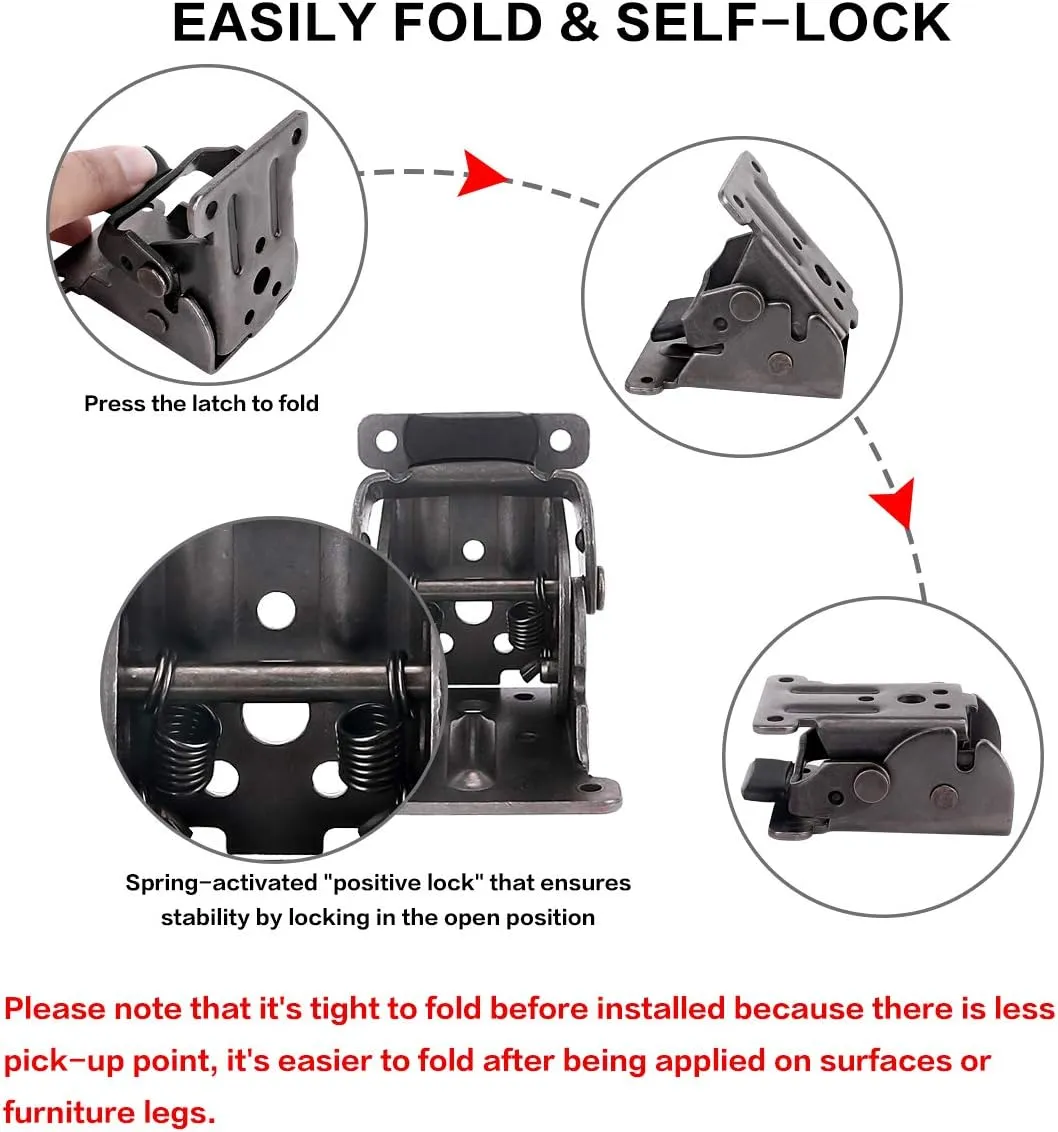 4 Pack Folding Brackets, TopDirect Lock Extension Support Bracket Foldable Self Lock Hinges with Screws for Table Bed Leg Feet