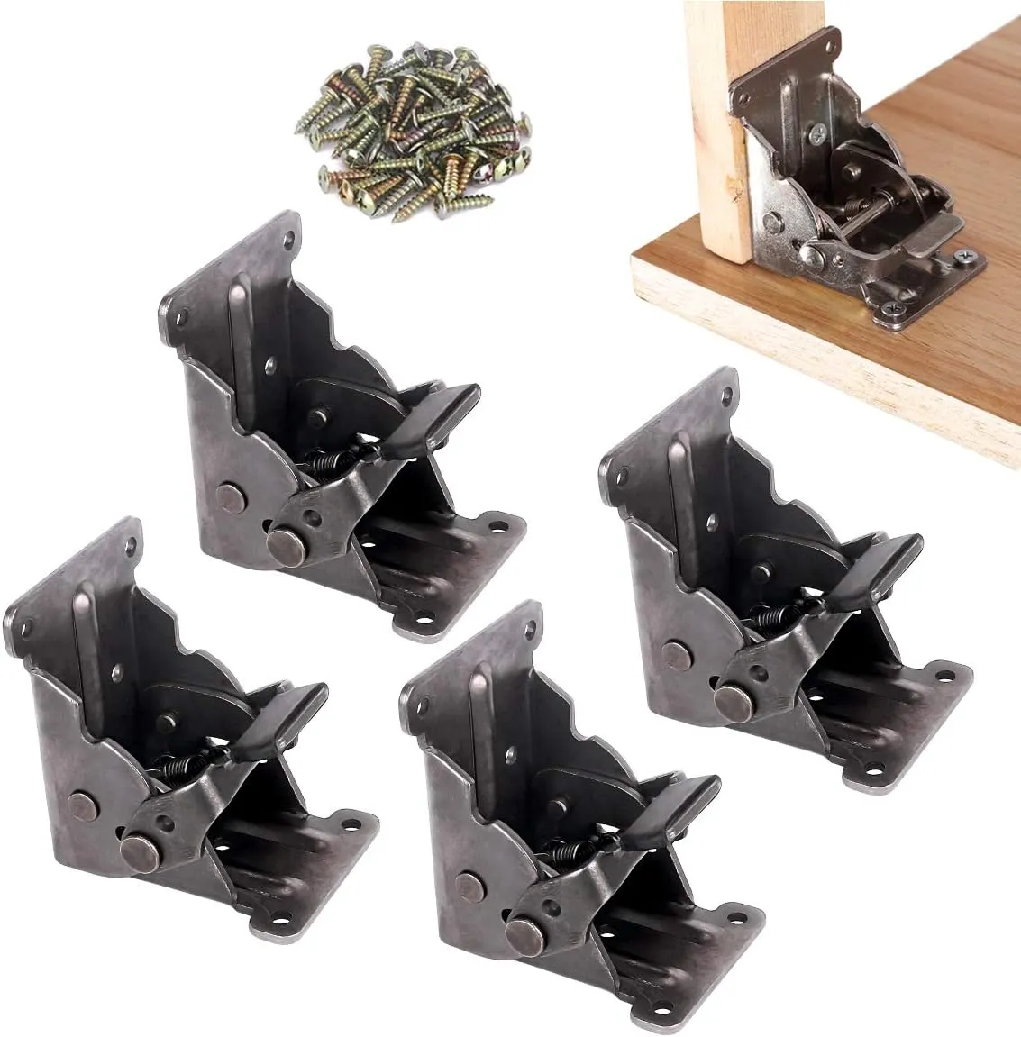 4 Pack Folding Brackets, TopDirect Lock Extension Support Bracket Foldable Self Lock Hinges with Screws for Table Bed Leg Feet