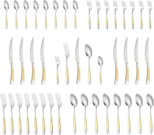 40-Piece Silverware Set, Luxury Gold Silverware Kitchen Flatware Sets Service for 8, Premium Cutlery Utensil Set with Dinner Knife Spoon Fork Set, Durable Stainless Steel Tableware Sets