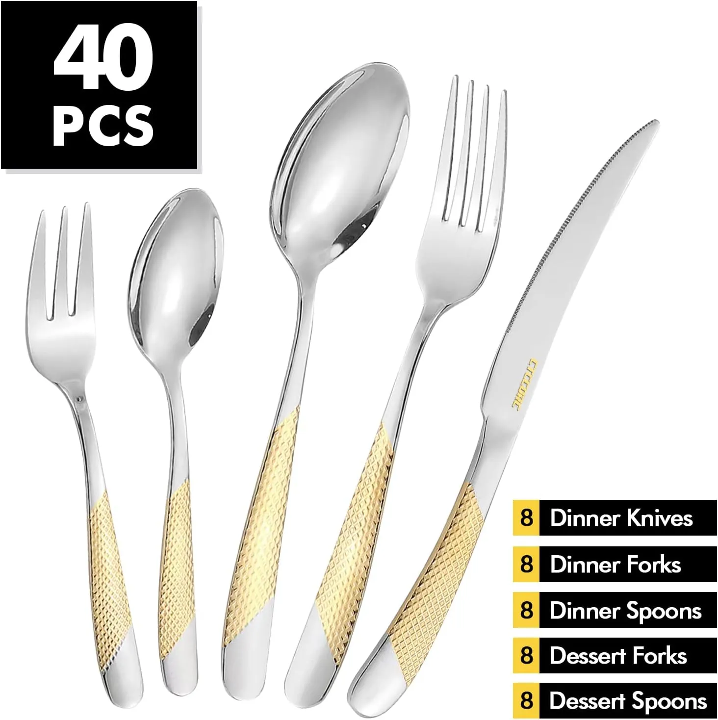 40-Piece Silverware Set, Luxury Gold Silverware Kitchen Flatware Sets Service for 8, Premium Cutlery Utensil Set with Dinner Knife Spoon Fork Set, Durable Stainless Steel Tableware Sets