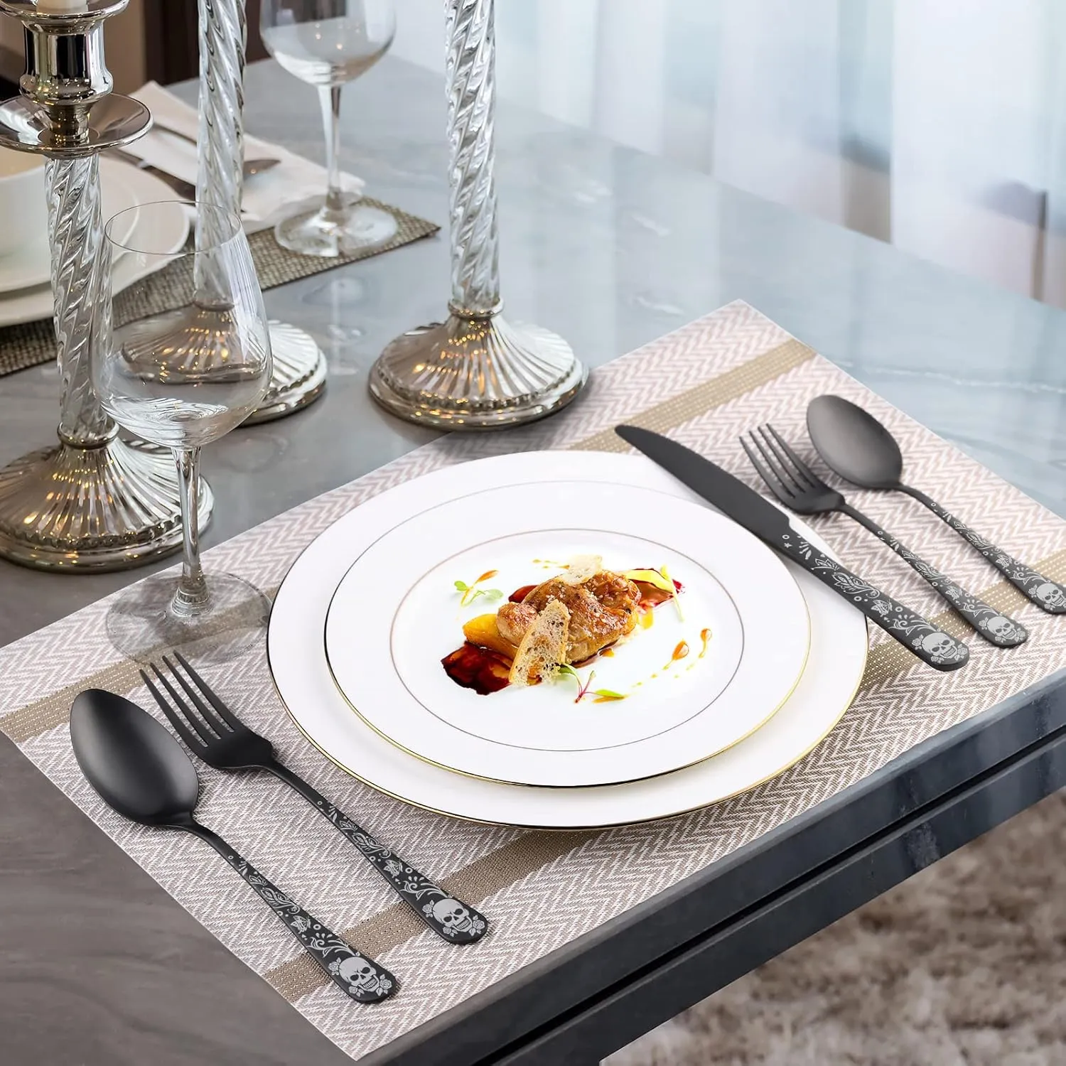 40 Piece Skull Pattern Matte Silverware Set for 8, Black Flatware set Service for 8,Gothic Unique Skull Pattern Design,18/0 Stainless,Satin Finish Cutlery for 8,Dishwasher Safe