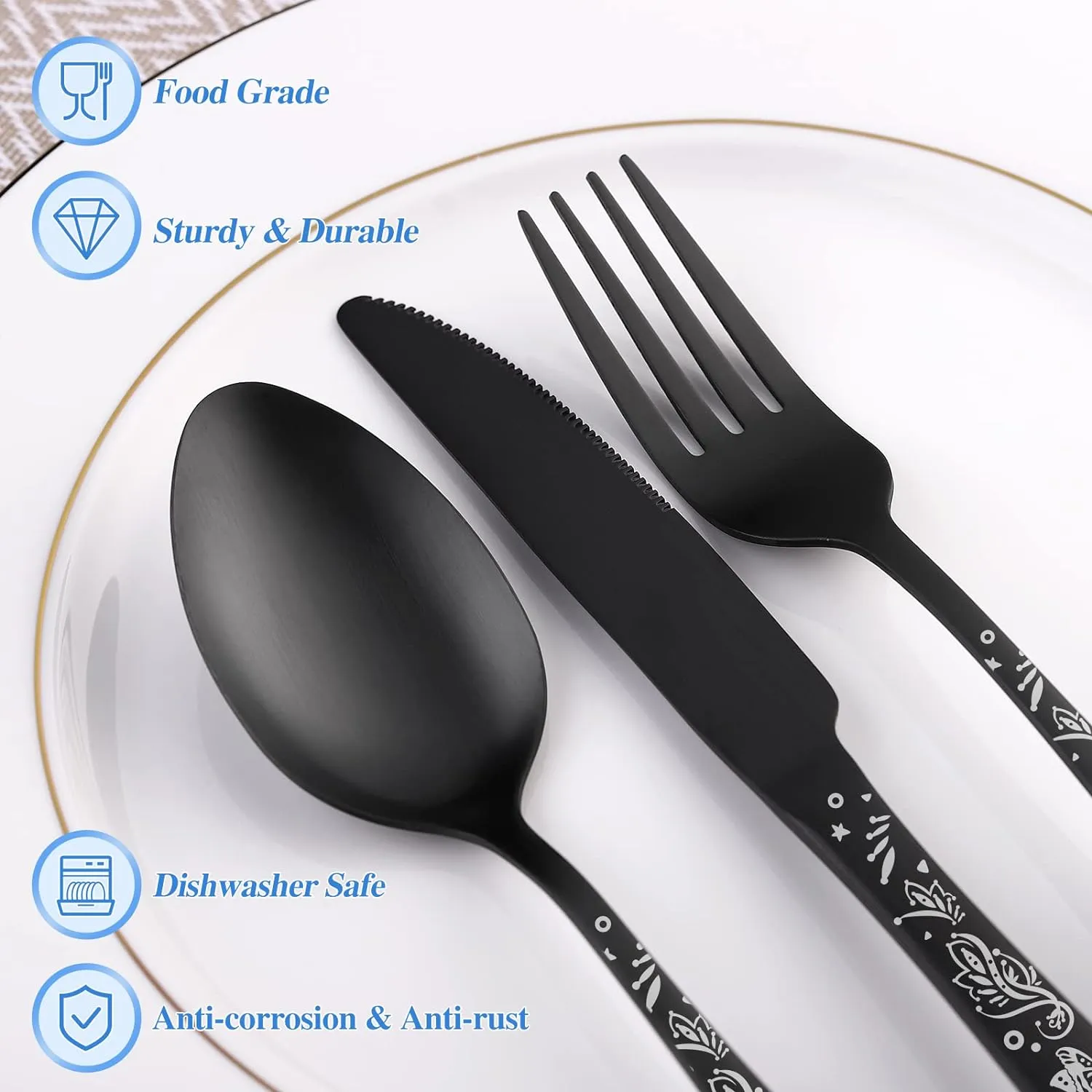 40 Piece Skull Pattern Matte Silverware Set for 8, Black Flatware set Service for 8,Gothic Unique Skull Pattern Design,18/0 Stainless,Satin Finish Cutlery for 8,Dishwasher Safe