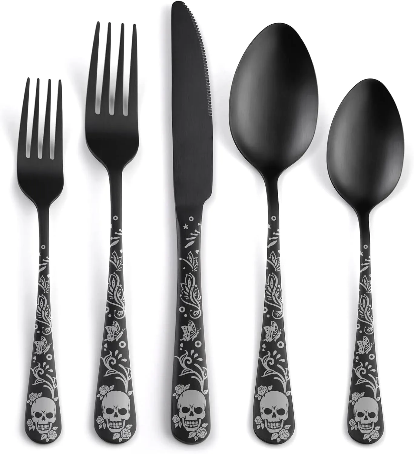 40 Piece Skull Pattern Matte Silverware Set for 8, Black Flatware set Service for 8,Gothic Unique Skull Pattern Design,18/0 Stainless,Satin Finish Cutlery for 8,Dishwasher Safe