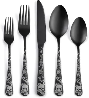 40 Piece Skull Pattern Matte Silverware Set for 8, Black Flatware set Service for 8,Gothic Unique Skull Pattern Design,18/0 Stainless,Satin Finish Cutlery for 8,Dishwasher Safe