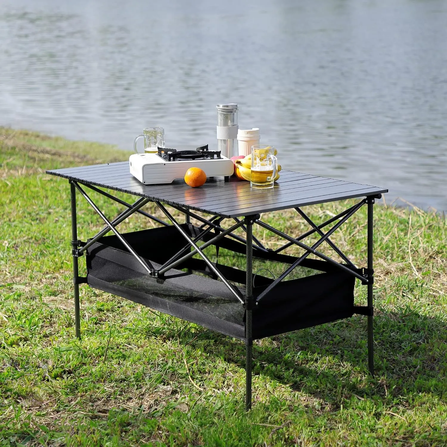 400lb Heavy Duty Folding Table and Chairs Set with Aluminum Roll-Up Table & Oxford Fabric, 3-Piece Outdoor Dining Set for Camping/BBQ/Patio - Compact, Waterproof & Quick Assembly (Black，46.46" L)