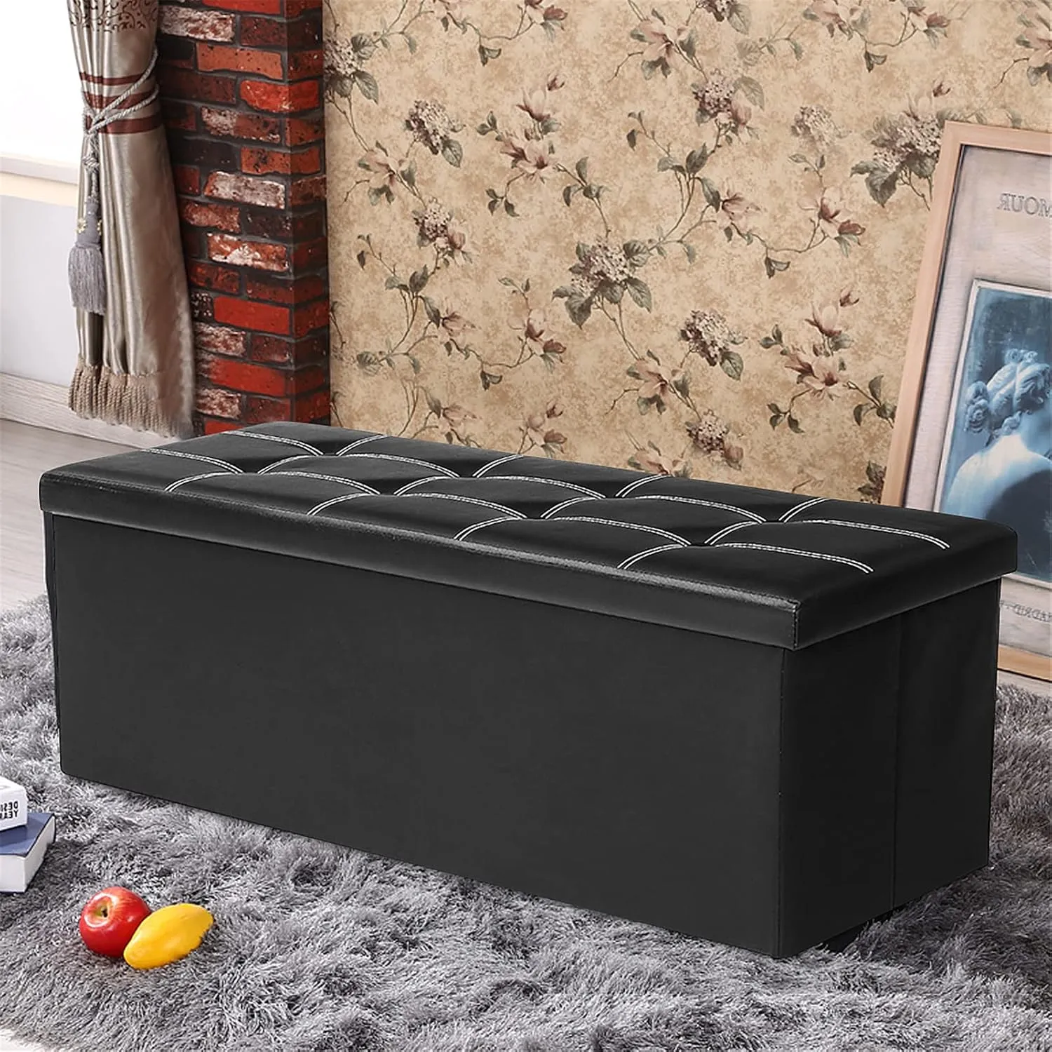 43 Inches Folding Storage Ottoman Bench Storage Chest Footrest Padded Seat for Bedroom Living Room Faux Leather Black