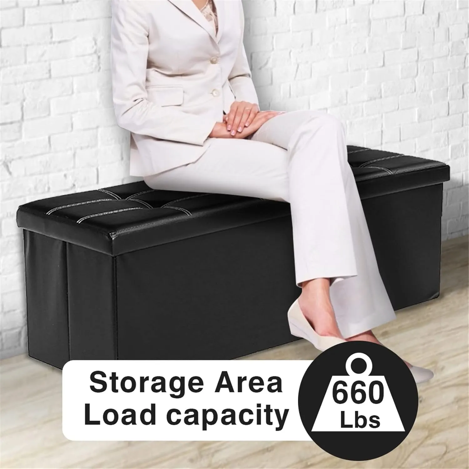 43 Inches Folding Storage Ottoman Bench Storage Chest Footrest Padded Seat for Bedroom Living Room Faux Leather Black